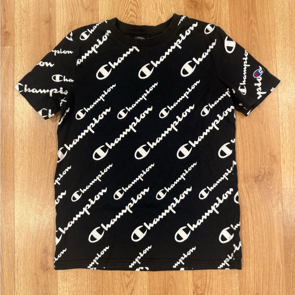 Kids Champion Black Tee with White Logo Pattern